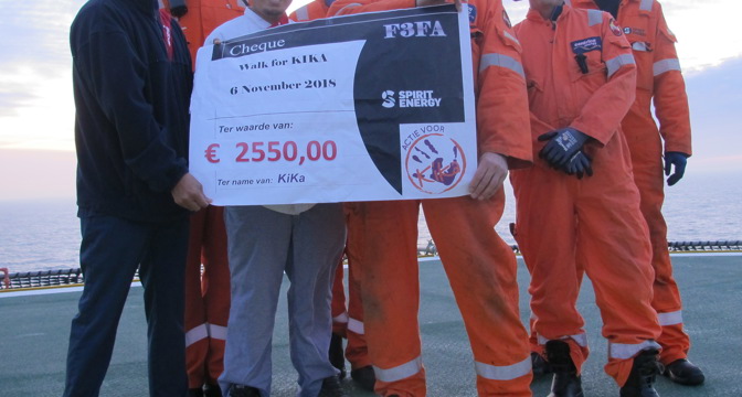 A group of Spirit Energy posing with a cheque of 2550,00 Euros. The text on the cheque says 'Walk for KIKA'